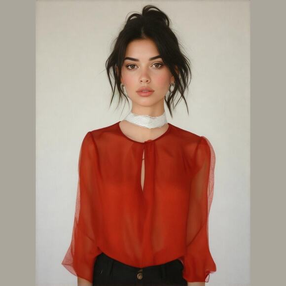H&M Orange Sheer Dotted Draw String Waist Long Sleeve Layer Career Blouse 6 S - Picture 1 of 12